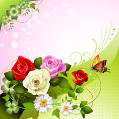 Background with roses and butterflies