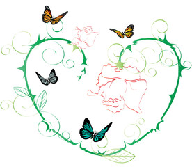 Heart of roses with butterflies