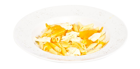 Penne pasta with parmesan, dor blue, chamamber and mozzarella