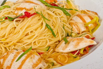 close-up of plate of pasta and chicken