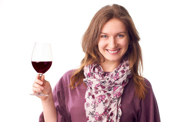 smiling woman with a glass of red wine