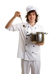 young cook with pot and scoop