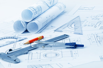 The plan industrial details, a protractor, caliper, divider and