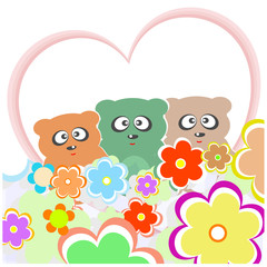 set teddy bear with many flowers and love heart