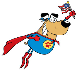 Naklejka premium Super Hero Dog Flying And Waving An American Flag