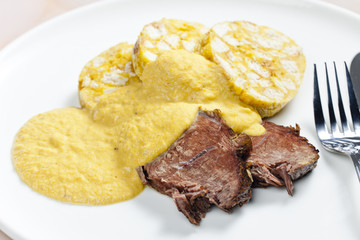 sirloin on cream with dumplings