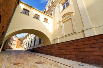 Old town street scenery with arch in Grudziadz, Poland