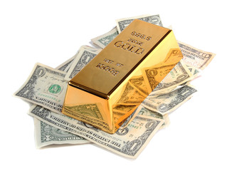 gold bar with bank notes