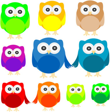 Vector of colorful owls isolated on white