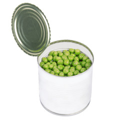 open preserve with peas isolated on white