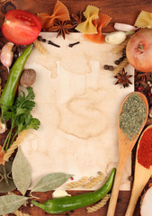 old paper for recipes and spices on wooden table