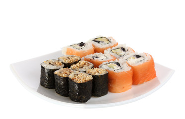 Tasty rolls served on white plate isolated on white