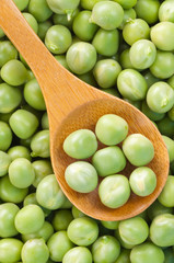 Fresh grren peas on wooden spoon