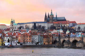 Fototapeta na wymiar View on Prague gothic Castle with Charles Bridge after Sunset