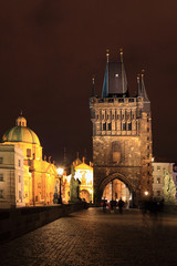 Night View on bright Prague Old Town with the Bridge Tower