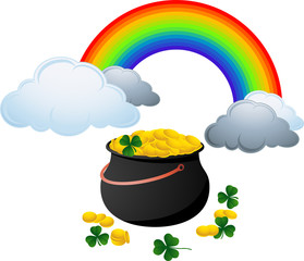 Vintage black pot full with gold coins and rainbow