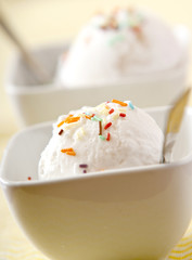 scoops of vanilla ice cream in bowl with sprinkles