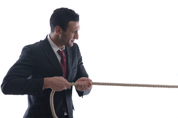business man with rope isolated on white background