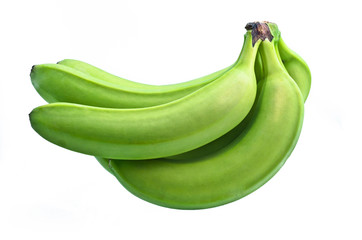 bunch of green bananas on white background