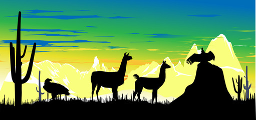 Wild llama and birds on the colorful sky background