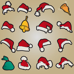Set of red santa hats and clothing and christmas icons