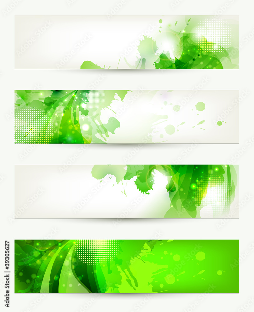 Poster set of four banners, abstract headers with green blots