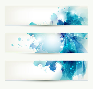 set of three banners, abstract headers with blue blots