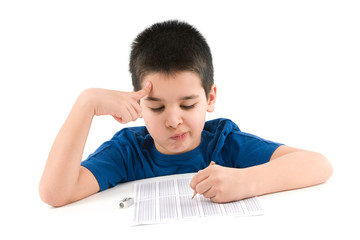 Child thinking for an answer isolated on white background.