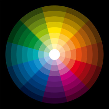 Color circle from light to dark. Twelve basic colors in a circle, graduated from the brightest to the darkest gradation. Illustration on black background. Vector.