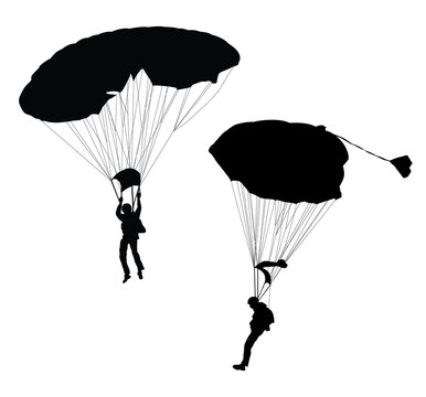 Vector silhouette of skydiver before landing