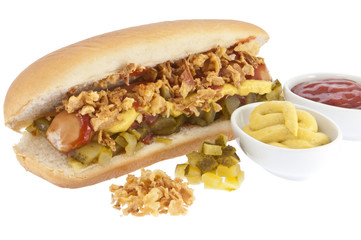 Hot Dog with sauces in bowls (clipping paths)