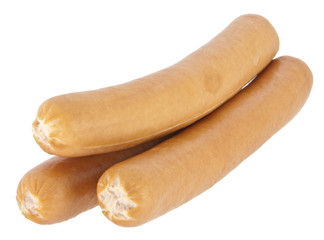 Boiled hot dog sausages on white background