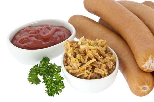 Sausages with hot dog ingredients (clipping paths)