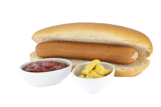Hot Dog with sauces in bowls (clipping paths)