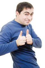 A successful man shows gesture okay on a white background.