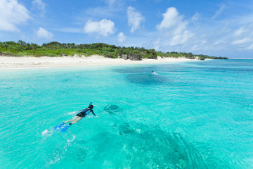 Snorkeling in coral lagoon of a deserted tropical island - obrazy, fototapety, plakaty