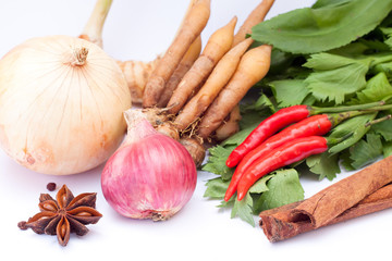 Thai vegetables & herbs on white background