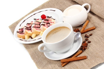 breakfast of coffee and swiss roll isolated on white background