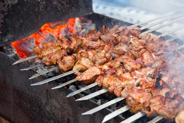 Appetizing fresh meat shish kebab (shashlik)