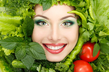 greens vegetables frame woman beauty face