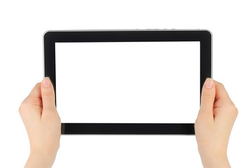 Woman hands holding touch screen device on white background