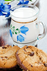 Two chocolate cookies and milk