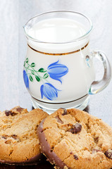 Сhocolate cookies and milk in jug