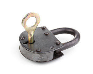 Obraz premium Retro padlock with key isolated on white