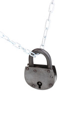 Retro padlock on chain isolated on white