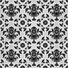 Lace background, black ornamental flowers