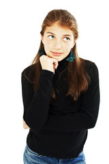 Portrait of attractive teenage girl think looking up