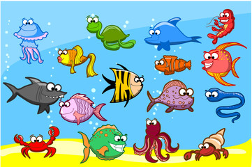 Fototapeta na wymiar Мультфильм рыб в море, векторная иллюстрация