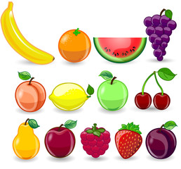 Мультфильм апельсин, банан, лимон, виноград, арбуз, малина