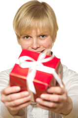 woman gives gift